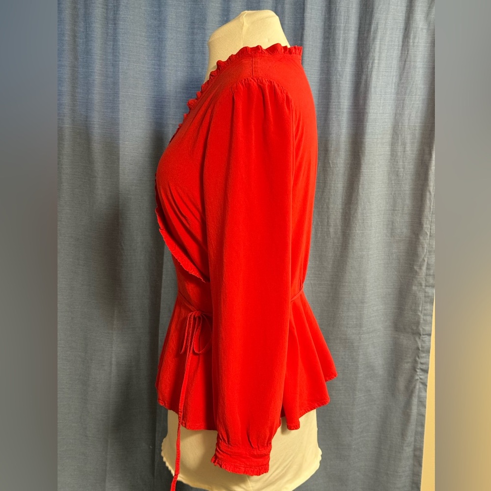 LOFT Vibrant Red Ruffle Wrap Blouse - Picture 2 of 5